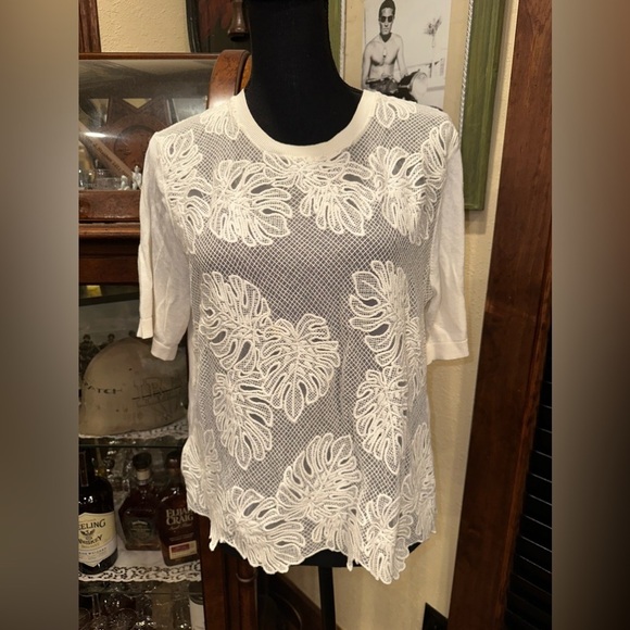 EUC Loft off white levees crochet shear light sweater short sleeve sz L - Picture 1 of 6